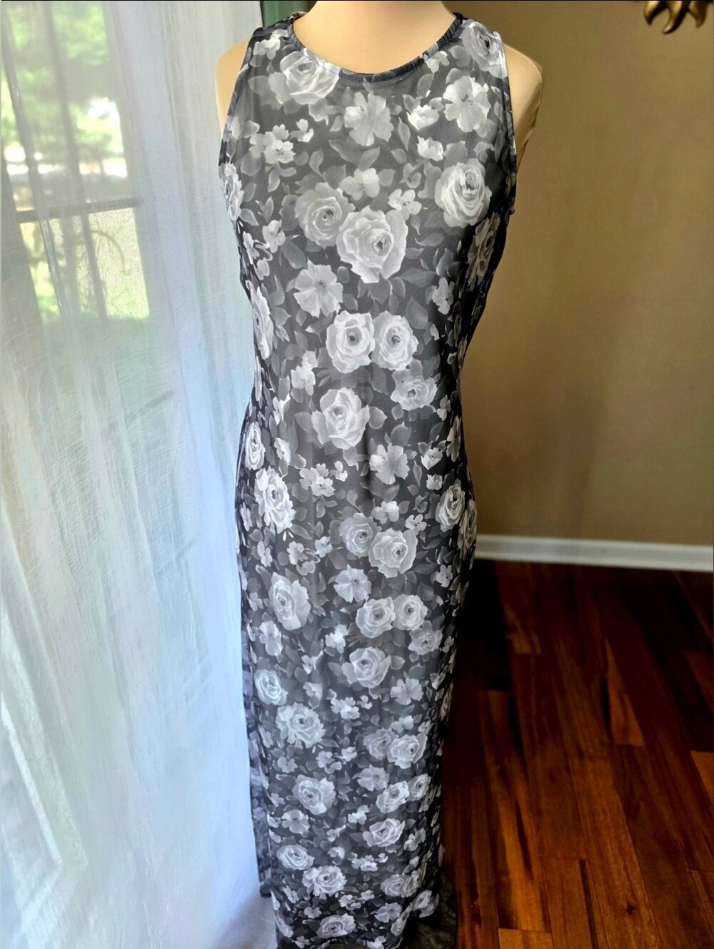 Vintage 90s Black Gray Floral Chiffon Column Dress Whimsigoth Small Aqua Blues
